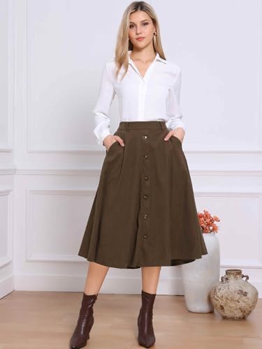 Allegra K Corduroy Skirt for Women Button Front High Waist Vintage Stretch A-Line Flared Casual Midi Skirts with Pockets4