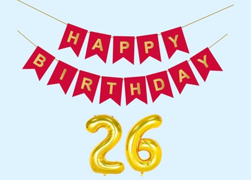 Image of 26th Happy Birthday Decoration Kit Red for 26 year Old Boys Girls Men with Number Twenty-six Party Decorations Decor Celebration Items Item Set Combo Reusable Paper Banner
