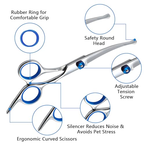 Hundeschere Gebogen, Hunde Schere für Hunde und Katzen, Edelstahl Fellschere Hunde Sicherheit Runde Spitze, Profi Hundehaarschere mit Einstellbare Schraube (Gesamtlänge 17cm)
