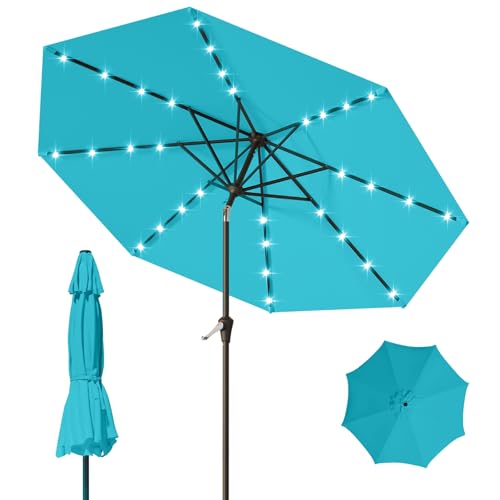 Image of 9FT Patio Umbrella with Solar Lights,Outdoor Market Umbrella with Tilt and Crank, LED Lighted Table Umbrella for Garden,Deck,Backyard,Pool,Beach (Light Blue)