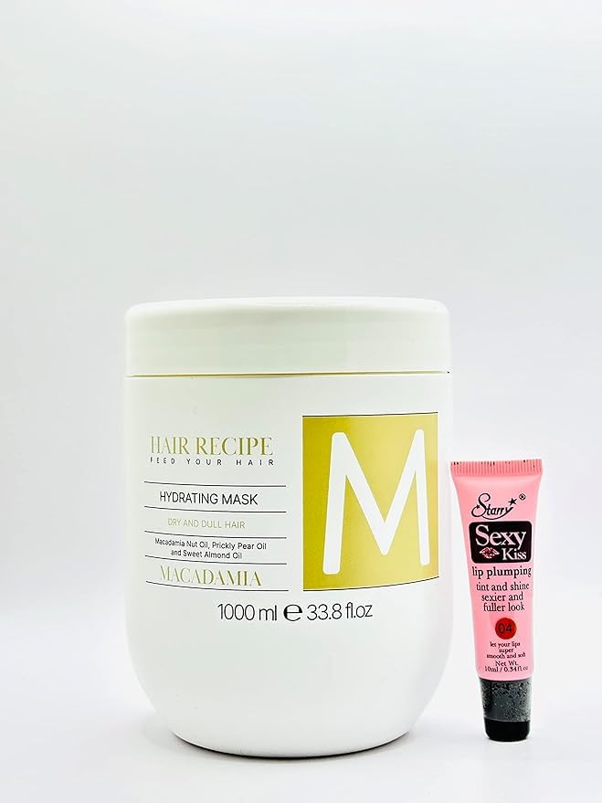 Maxy Look Hair Recipe Feed Your Hair Mask 1000 ml /33.8 fl oz - Free Lip Plumping Gloss 10ml (Macademia- Hydrating Mask)