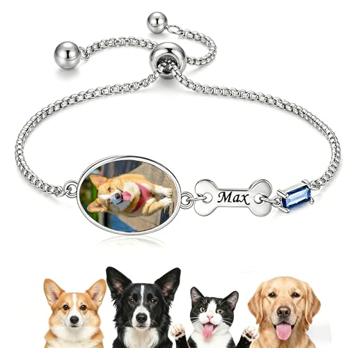 Kiddo Sky Personalisiertes Haustier-Gedenkarmband, Individuellem Foto & Name, Verstellbar mit Geburtsstein, Herzliches Geschenk f&uuml;r Hund/Katzen-Abschied (Silber, Knochen)