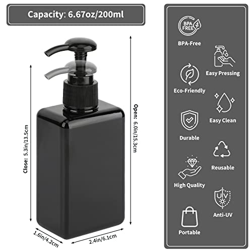 Image of Segbeauty 4pcs Square Lotion Dispenser, 6.8oz Empty Shampoo Pump Bottles Small with Labels, 200ml Refillable Portable Plastic Press Bathroom Shower Dispenser Liquid Soap Containers for Travel Black