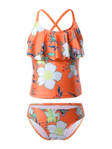Daenrui Kids Girls 2 Piece Tropical Print Tankini Sets Bathing Suit Spaghetti Strap Ruffles Hawaii Swimsuit Orange 4 Years