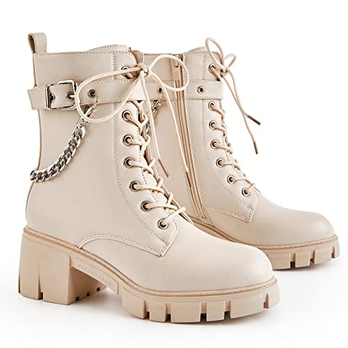 Tinstree Motorcycle Boots Womens,2022 Fashion Classic Women Round Toe Calf Patch Hit Color Brown Gogo White Black Sole Rubber Combat Boots Waterproof Snow Proof Zip Boot With Buckles Beige,11 #TOP4