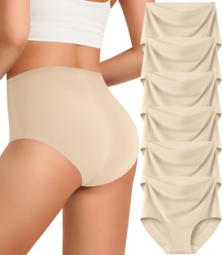 Kalapa Womens Underwear Seamless Full Coverage Breathable Briefs No Show Silky Stretch High Waisted Ladies Panties 6 Pack (US, Alpha, Large, Regular, Regular, 6 Nude Packs)