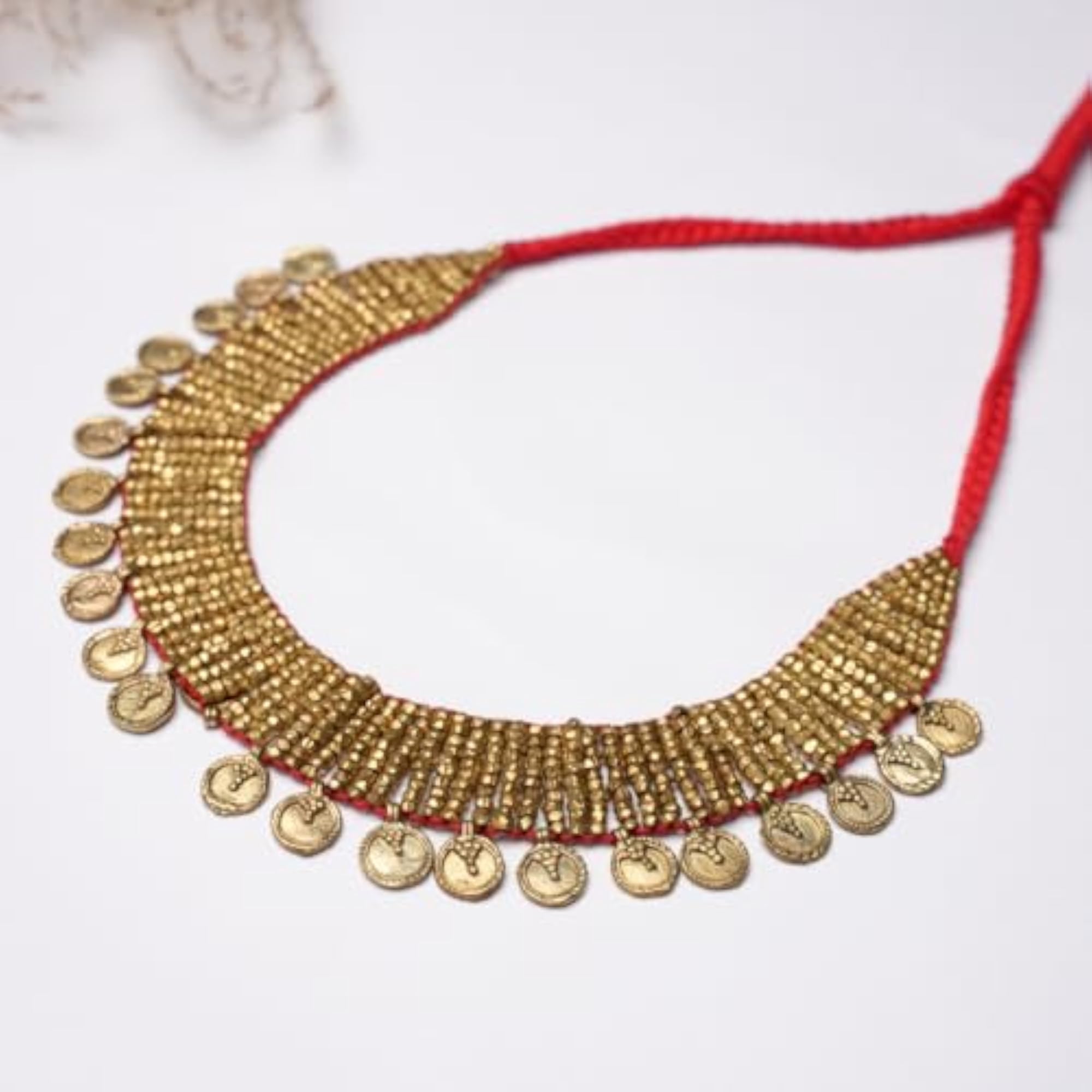 Vintage Brass Coin Necklace, Handwoven Design