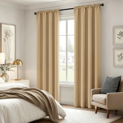 Image of MIULEE 84 Inch Length Dark Beige Blackout Bedroom Curtains Set of 4 | Thermal Curtains for Summer Heat, Light Blocking Privacy Bedroom Window Drapes, Top&Bottom Rod Pocket, Living Room