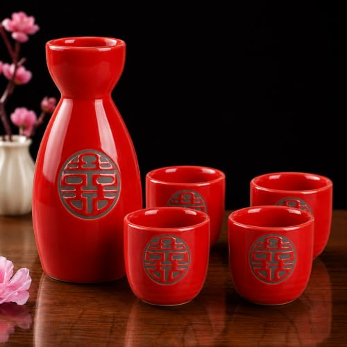 Image of Japanese Ceramic Sake Set - 5 Piece Crimson Red Design Porcelain Sake Set with 1 Sake Bottle (Tokkuri) & 4 Sake Cups | Japanese Wine Set for Drinks, Shochu & Home Bar | House Warming | Gift Set