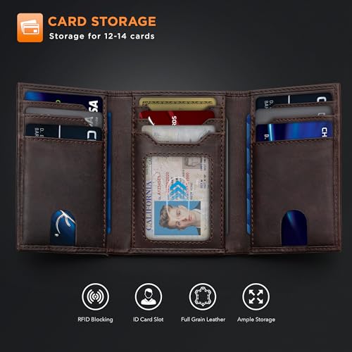 Image of SERMAN BRANDS Trifold Wallet for Men - RFID Blocking Full Grain Leather, 11 Card Slots & ID Window, Slim Everyday Carry, Durable Stitching, Gift for Him