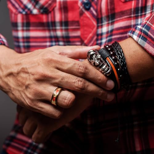 8mm Men's Tungsten Ring Engagement Wedding Ring, Red and Gold Inlay, Black Shiny, Size 7-14, Comes with Gift Box2