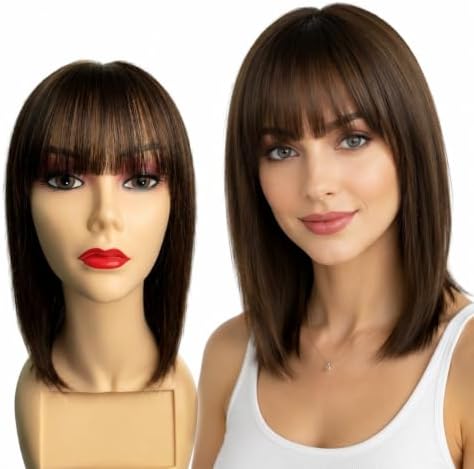 Anemone Hair Toppers for Women Real Human Hair with French Bangs, 3.9"x4.3" Lace and PU Base Clip in Hair Pieces for Women Thinning Hair, Straight Middle Part Wiglets Partial Wig (30cm, Dark Brown)