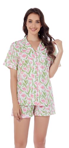 Image of LUBOT 100% Cotton Pajamas for Women 2 Piece PJ Set Poplin Woven Lightweight Ladies Button Short Sleeve Sleepwear S-XXL