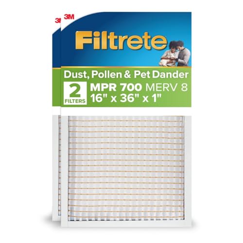 Filtrete 16x36x1 AC Furnace Air Filter MPR 700 MERV 8 Tough on Pollen Easy on Airflow 3-Month Pleated 1-Inch Electrostatic Air Cleaning Filter 2-Pack (Actual Size 15.81 x 35.81 x 0.65 in)