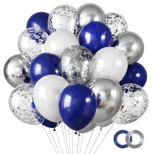 RUBFAC 65pcs Navy Blue Silver Balloons, 12 Inches Navy Blue White Metallic Silver Chrome Party Balloons with Ribbons for Birthday, Wedding, Graduation Cowboys Decorations