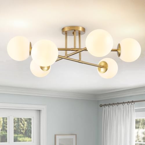 OFLNLL 6-Light Glass Sputnik Chandeliers Gold Sputnik Ceiling Light Fixture with Milk White Glass...