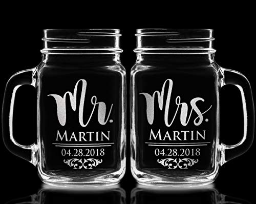 Mr. Mrs. Set Of 2 Mason Jars Couples Personalized Glasses Wedding Favor For Bride Groom Newlyweds To Be Husband Wife 50Th 25Th Idea Personalized Last Name Couple Present #TOP1