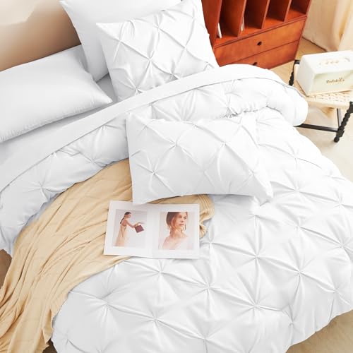 CozyLux King Size Comforter Set White, 7 Pieces Pintuck Bed in A Bag White Comforter King Size, Pinch Pleat Bedding Set with All Season Comforter, Sheets, Pillowcases & Shams