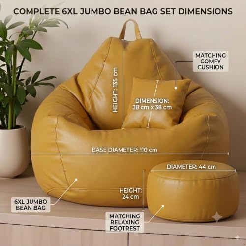 Image of KAM'S LIEU Leatherette Bean Bag Chair with Footrest | Filled with EPS Beans | Comfortable Sofa for Living Room & Bedroom | 4XL Size, Easy to Clean Color- (Yellow)