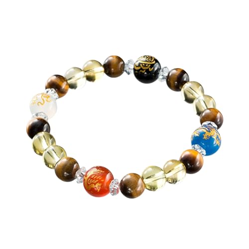 MADE IN JAPAN guardian deities feng shui bracelet, good luck charm, agate tiger eye citrine crystal bracelet for women men unisex, divine beasts, wealth friendship prosperity, stretch 6-8 inches