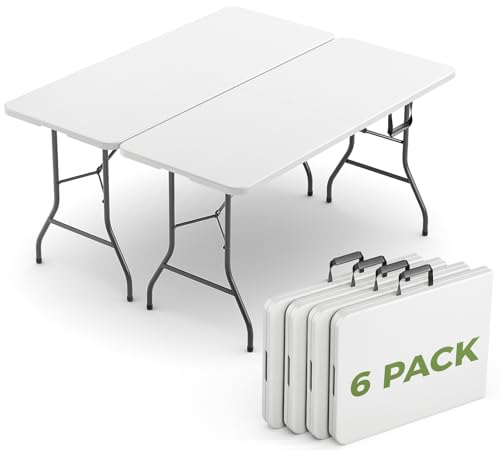MAKE CHANGES Folding Table 6 Pack, 6 FT Foldable Plastic Table with Carrying Handle, Heavy Duty Portable Fold-in-Half Utility Table for Party, Camping, Banquet, Craft, Wedding, Indoor & Outdoor Use