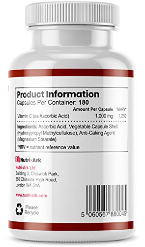 Vitamin C 1000mg | 180 Capsules (6 Month Supply) | High Strength Ascorbic Acid | Vegan & Vegetarian Friendly | Manufactured in The UK - Image 3