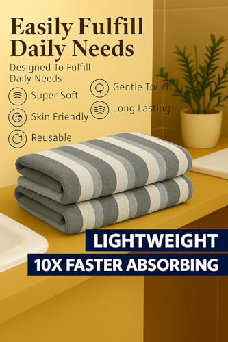 Image of Cortina Stripe Printed Microfiber Towels for Bath Large Size-Super Soft Coral Fleece Bathing Towel with Hook Quick Dry Super Absorbent-Bath Towel for Men and Women-70x140 cm [ Grey ]