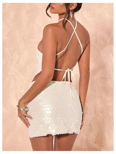 SweatyRocks Women's Sexy Sequin Halter Tops Crisscross Tie Backless Asymmetrical Party Top2