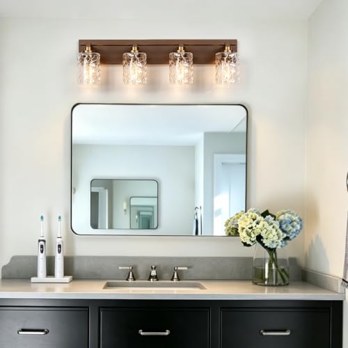 Image of Bathroom Light Fixtures,4-Light Oil Rubbed Bronze Vanity Lights Over Mirror | Modern Wall Light,Clear Ripple Glass Shade,Sturdy Metal Frame,For Bathroom Remodel,Easy Install,E26 Socket,ETL-Listed 28-inch