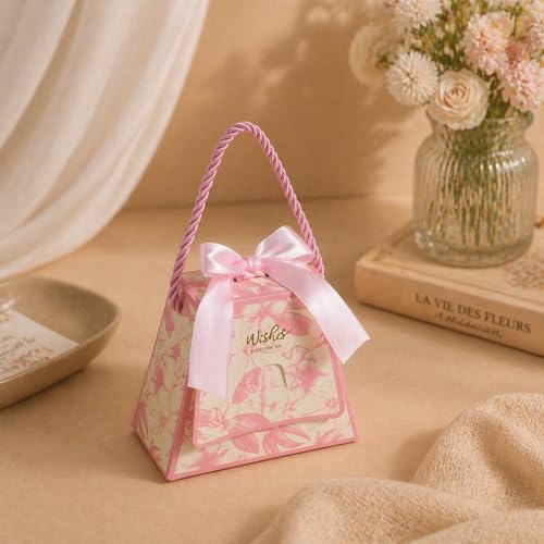 Image of SATYAM KRAFT 20 Pcs Decorative Gift Box with Handle & Ribbon Premium Floral Printed Packaging Small Paper Box for Gifting, Storage, Return Gift, Wedding, Birthday, Chocolate, Dry Fruit (Pink)