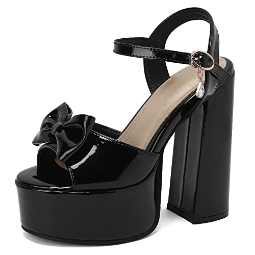 Sandales à talon carré haut noir vernis avec plateforme pour femme taille 36.5