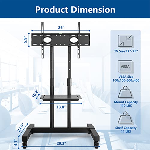 Mobile Tv Cart For 32-75 Inch Screens Up To 110 Lbs, Height Adjustable Rolling Tv Stand With Locking Wheels And Metal Shelf, Portable Outdoor Floor Tv Stand Movable Monitor Holder For Home Office #TOP5
