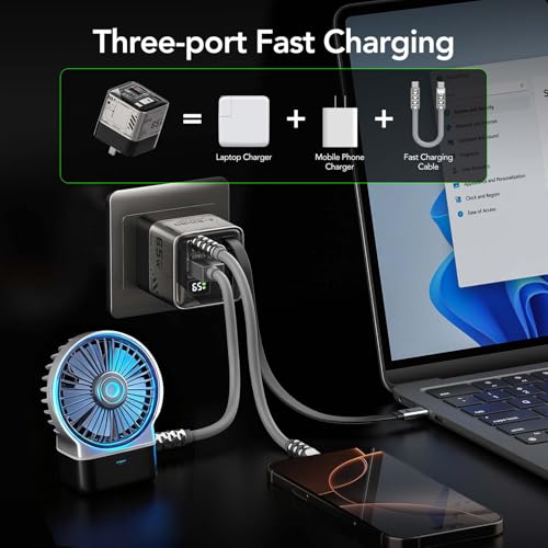 Image of MFish 65W GaN Fast Wall Charger, USB C Charger Block Built‑in 2.6ft Retractable USB‑C Cable, USB‑C & USB‑A Wall Charger with Digital Display for iPhone, iPad, MacBook, Samsung Galaxy (Space Silver)