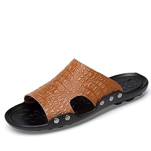 Xingyue Aile Slippers & Sandalen Zomer Casual Slippers Voor Mannen, Slip On Style OX Lederen Sandalen Eenvoudige Pure Kleur Flexibele En Ademende Krokodil Patroon Sandalen ( Kleur: Bruin , Maat : 44 EU )