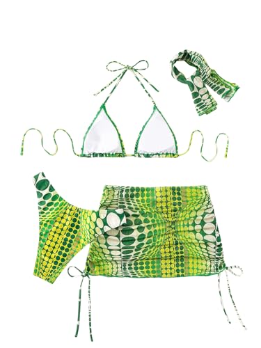 Image of RoseSeek Women's 4 Piece Polka Dots Bathing Suits Cover Up Skirt & Bandana