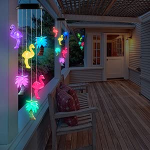 Changing Color Solar Powered Plastics Flamingo Tree Wind Chime Wind Moblie Led Light, Spiral Spinner Windchime Portable Outdoor Chime For Patio, Deck, Yard, Garden, Home, #TOP3