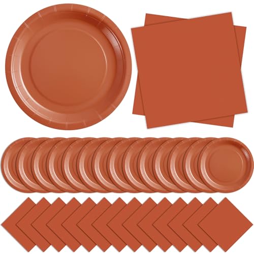 Zhehao 120 Pcs Disposable Paper Dessert Plates and Napkins Set, 7 Inch Party Cake Appetizer Plate with Napkin for Birthday Baby Shower Wedding Easter(Terracotta)