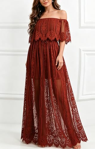 Image of Cercis Womens Off The Shoulder Floral Lace Maxi Wedding Dress Boho Flowy Wedding Guest Formal Long Dresses
