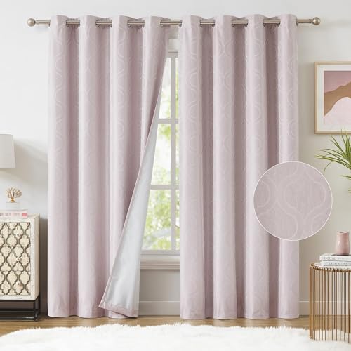 Greyish Pink Full Blackout Curtains Sparkle Geometric Jacquard Window Panels for Bedroom Living-Room Eyelet Construction Energy Efficient Drapes Farmhouse Decorate, 54'' W X 54'' L, 2 Pcs