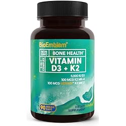 BioEmblem Vitamin D3 K2 Capsules (5000IU and 200mcg) - Patented MK7 and MK4 for 3-in-1 Complex Support - Vegetarian Vitamin D K2 Supplement for Teeth, Heart, Immune System - Non-GMO, 90 Caps