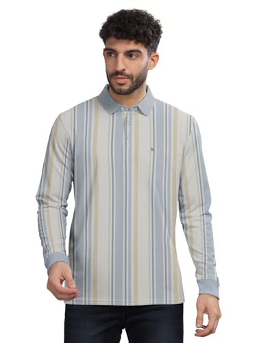 Image of BULLMER Striped Textured Printed Polo Neck Fullsleeve T-Shirt with Rib for Men