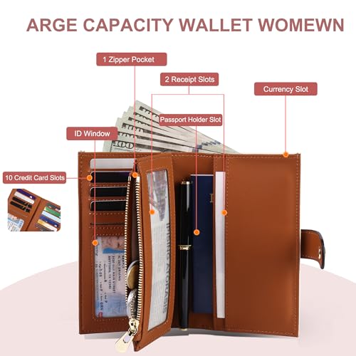 yiijay Women's Wallets RFID Blocking Leather Trifold Clutch Wallet Credit Card Holder Ladies Travel Wallet Purse with Passport/Pen Holder
