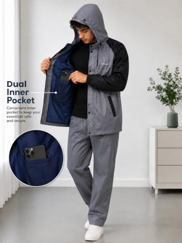 Image of Dollar Men's Waterproof Raincoat Set with Detachable Plastic Visor Hood | Lightweight Polyester Jacket Pant Rainwear Suit with 4 Pockets, Full Sleeve Leakproof for Biking, Trekking & Outdoor