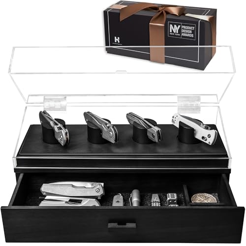 Showcase Your Knives with The Knife Deck Pro – Premium Pocket Knife Display Case for 6 Knives – Easy Access & Leather Lining – Drawer for Accessories – Wooden Pocket Knife Holder – Lifetime Assurance