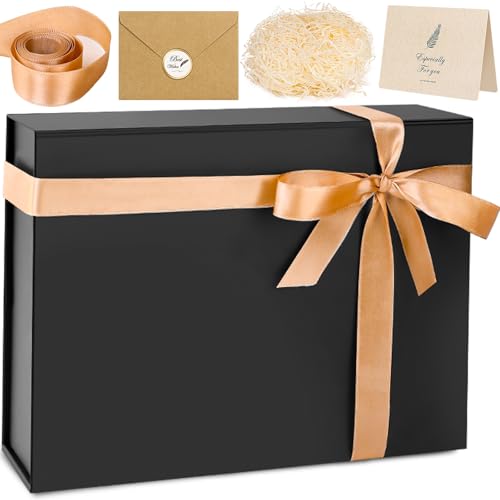 Large Gift Box, 13'x10'x4' Black Gift Boxes for Presents, Christmas Gift Boxes with Magnetic Lids, Birthday Box, Contains Card, Ribbon, Shredded Paper Filler for Wedding, Valentine's Day, Anniversary