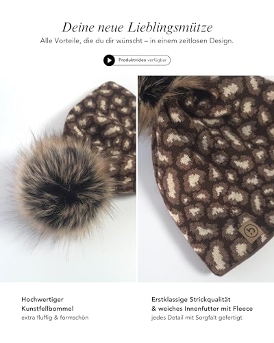 Bonnet motif léopard marron en maille premium avec pompon en fourrure synthétique - 3