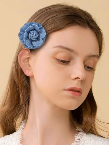 Image of Fashion Denim Camellia Flower Lapel Brooch Pin for Women Girls Fabric Floral Bouquet Corsage Pins Clip Sweater Coat Dress Suit Backpack Brooches Pins Boho Jewelry Gifts Clothes Accessories