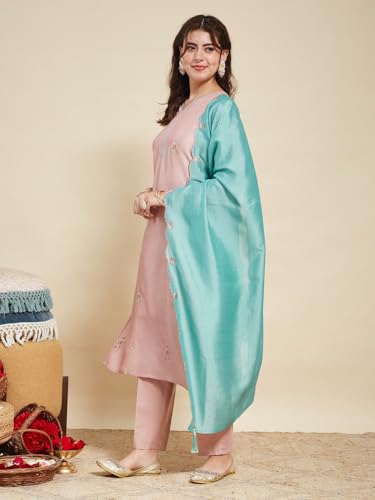 Image of MOKOSH Women's Silk Embroidery Kurta Pant with Dupatta | Kurta Set | Sweetheart Neck | 3 Piece Outfit | 3 /4 Sleeve Ethnic Suit