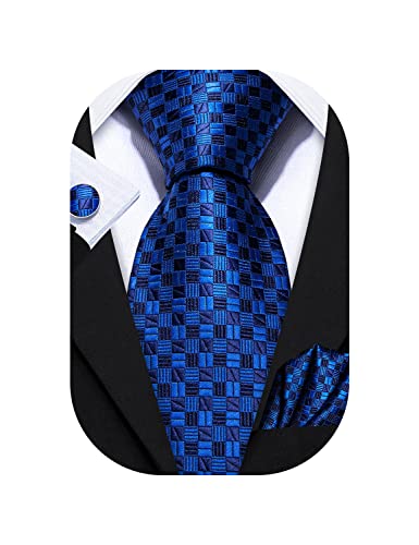 Image of Barry.Wang Plaid Ties Check Mens Necktie Set with Handkerchief Cufflinks Classic Stripe