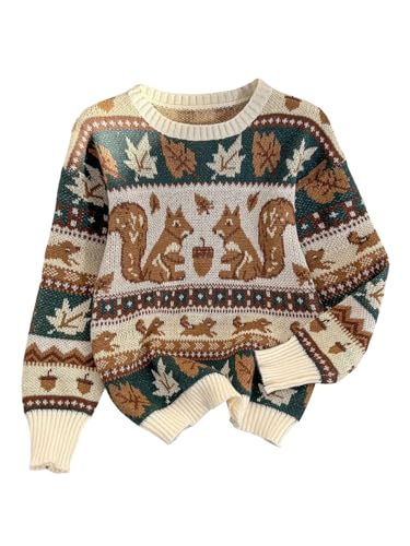 WDIRARA Women's Cute Pattern Long Sleeve Sweater Crew Neck Pullover Knitted Tops